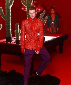 Shopalbina2022 Red Blazer And Shirt With Purple Trousers 2020's