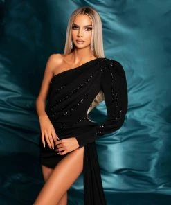 Shopalbina2022 One Shoulder Sleeve Black Evening Dress