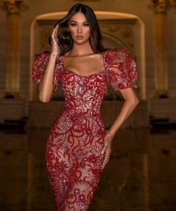 Shopalbina2022 HERMINIA Red Lace Midi Dress