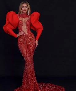 Shopalbina2022 Embellished Puff Sleeve Red Dress