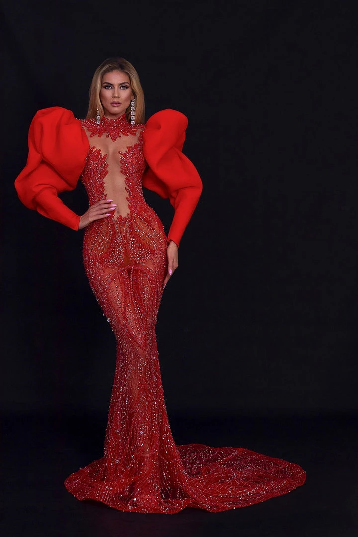 Shopalbina2022 Embellished Puff Sleeve Red Dress 4 Shopalbina2022 Embellished Puff Sleeve Red Dress