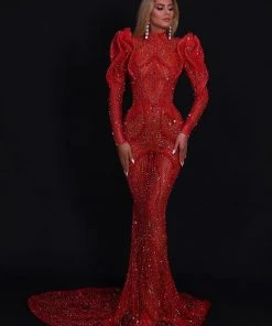 Shopalbina2022 Long Red Embellished Dress ALBINADYLA X IVY SHOWROOM