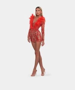Shopalbina2022 Red Feathered Short Dress