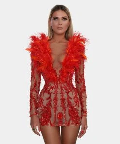 Shopalbina2022 Red Feathered Short Dress