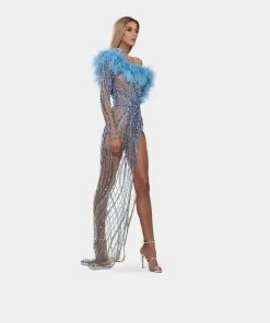 Shopalbina2022 WILD Long Blue One Sleeved Feathered Dress 7 Shopalbina2022 WILD Long Blue One Sleeved Feathered Dress