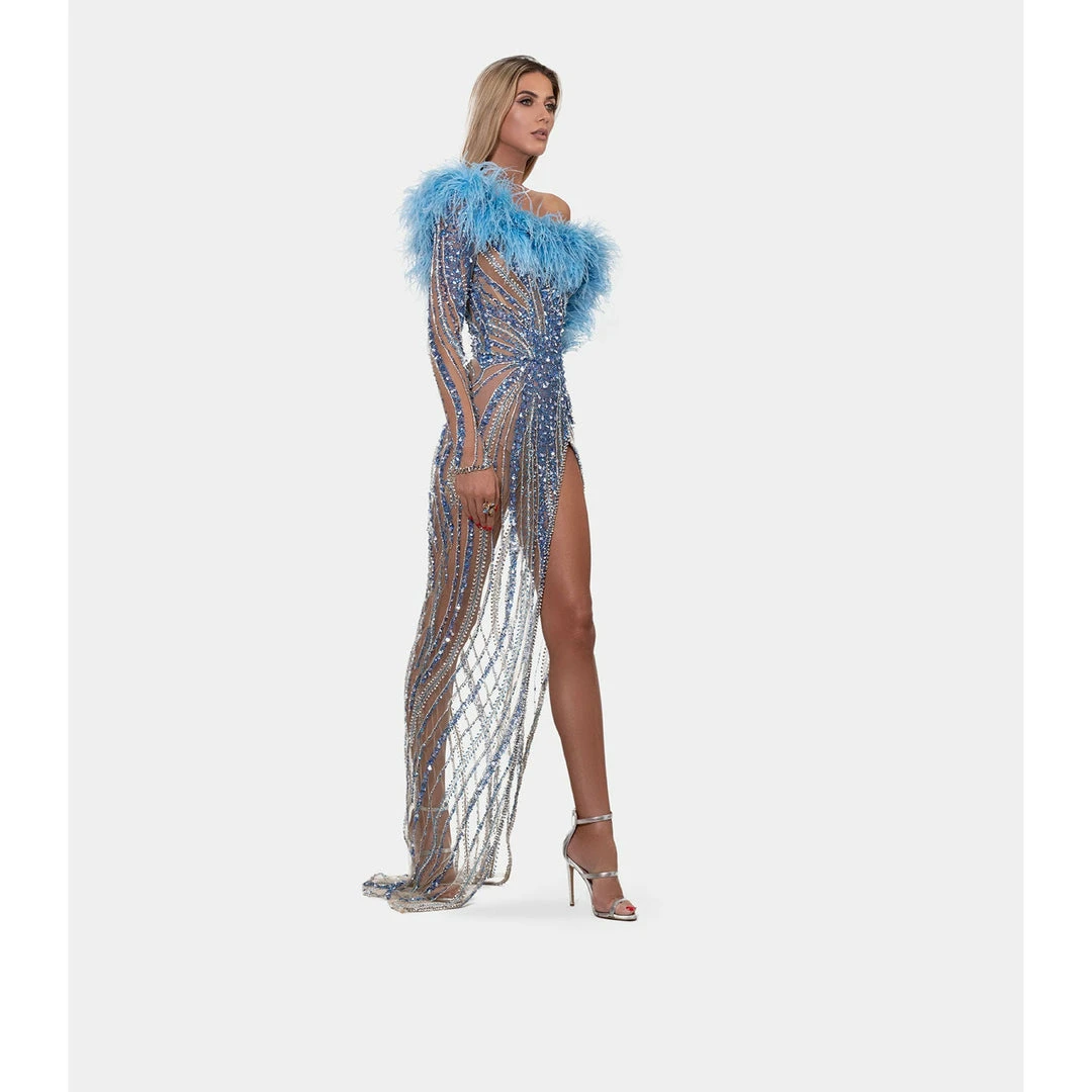 Shopalbina2022 WILD Long Blue One Sleeved Feathered Dress 5 Shopalbina2022 WILD Long Blue One Sleeved Feathered Dress