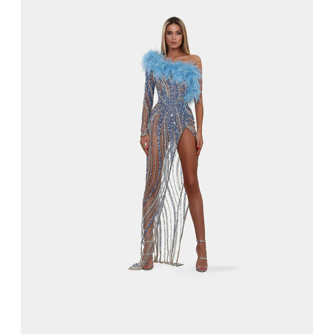 Shopalbina2022 WILD Long Blue One Sleeved Feathered Dress 4 Shopalbina2022 WILD Long Blue One Sleeved Feathered Dress
