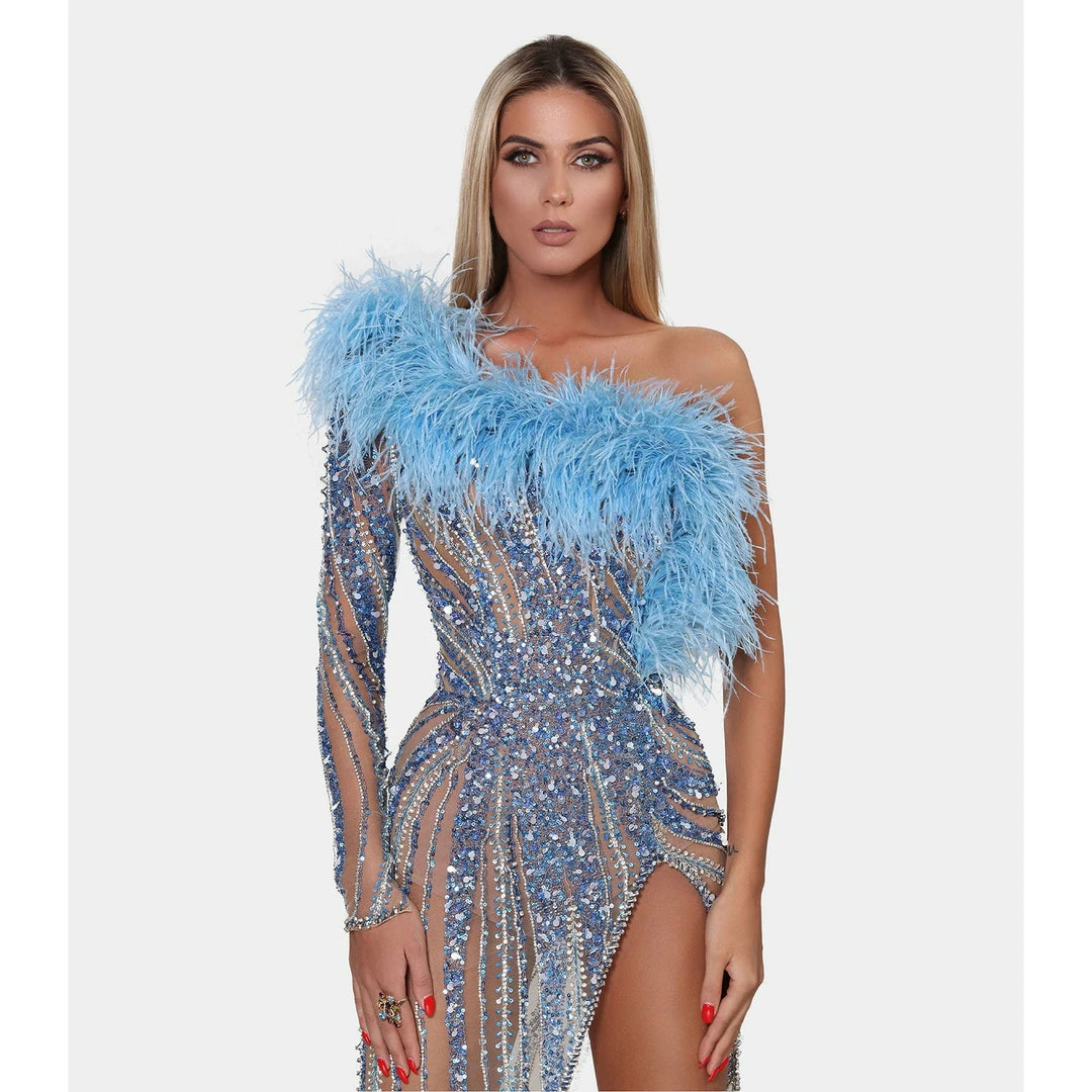 Shopalbina2022 WILD Long Blue One Sleeved Feathered Dress 3 Shopalbina2022 WILD Long Blue One Sleeved Feathered Dress