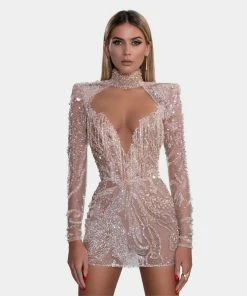 Shopalbina2022 Short Rose-nude Fringe Corset Dress