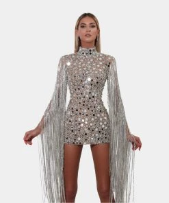 Shopalbina2022 Short Mirror Silver Dress With Tassels