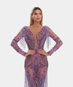 Shopalbina2022 Long Dress With Purple Embroidery And Tassels
