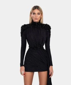 Shopalbina2022 Short Black Dress With High Neck And Side Tail WILD