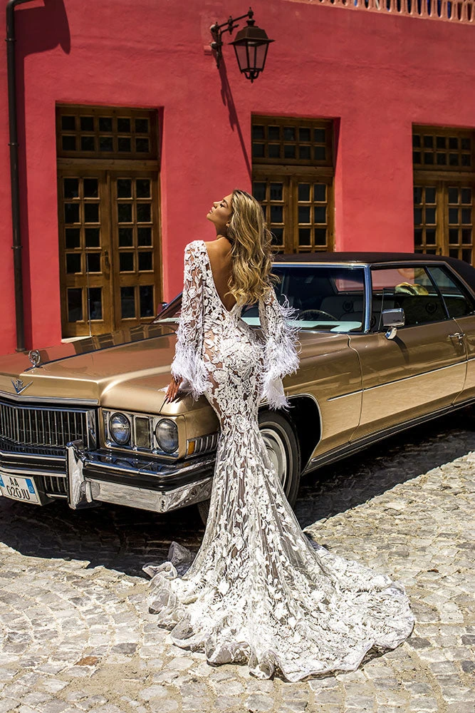 Shopalbina2022 Bridal Lace Dress With Feathered Loose Sleeves 5 Shopalbina2022 Bridal Lace Dress With Feathered Loose Sleeves