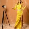 Shopalbina2022 Yellow High Neck Dress FEMME