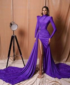 Shopalbina2022 FEMME Ruched Detailing High Neck Dress With Side Tail