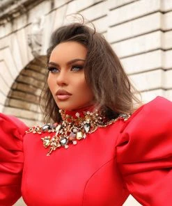 Shopalbina2022 Red Puffy Shouldered Dress BRIGITTE