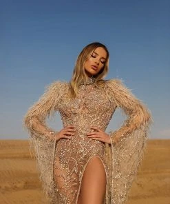 Shopalbina2022 DESERTE Long Feathered Bronze Dress