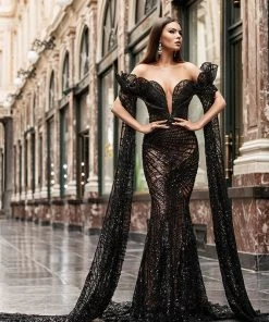 Shopalbina2022 Black Off Shoulder Cape Dress