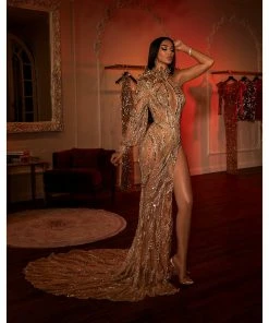 Shopalbina2022 HAUTE COUTURE Gold Embellished Glamorous Dress