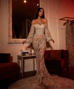 Shopalbina2022 Long Silver Off Shoulder Dress HAUTE COUTURE