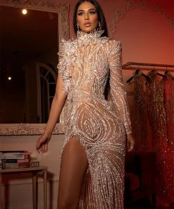 Shopalbina2022 Silver Glamourous Dress With Handmade Leaves