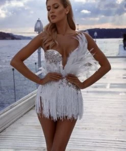 Shopalbina2022 White Feathered Short Dress Fairy Tale