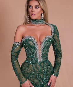 Shopalbina2022 Off-Shoulder Sleeve Green Dress ALBINADYLA X IVY SHOWROOM