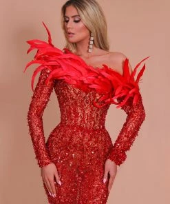 Shopalbina2022 Midi Length Red Embellished Dress