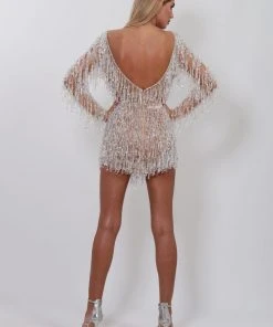 Shopalbina2022 Sparkly Silver Rhinestones Fringes Dress WILD