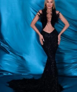 Shopalbina2022 Sleeveless Black Feathered Dress ALBINADYLA X IVY SHOWROOM