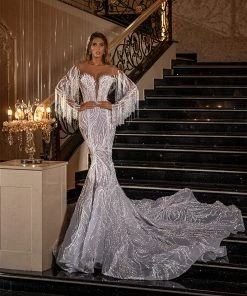 Shopalbina2022 Mermaid Tassel Sleeve Gown Bridal Couture
